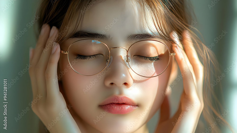 A serene young woman with glasses, eyes closed in contemplation. A serene young woman with glasses, eyes closed in contemplation.
