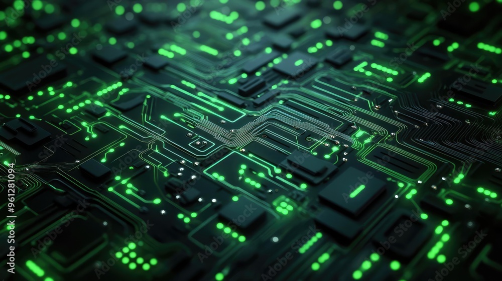 A digital circuit board pattern in green and black, ideal for a tech-themed design A digital circuit board pattern in green and black, ideal for a tech-themed design