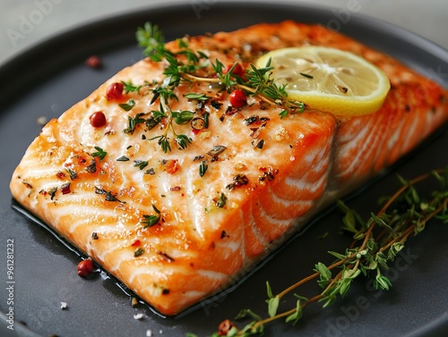 Freshly cooked salmon fillet garnished with herbs and lemon, perfect for a healthy meal or gourmet dining experience.