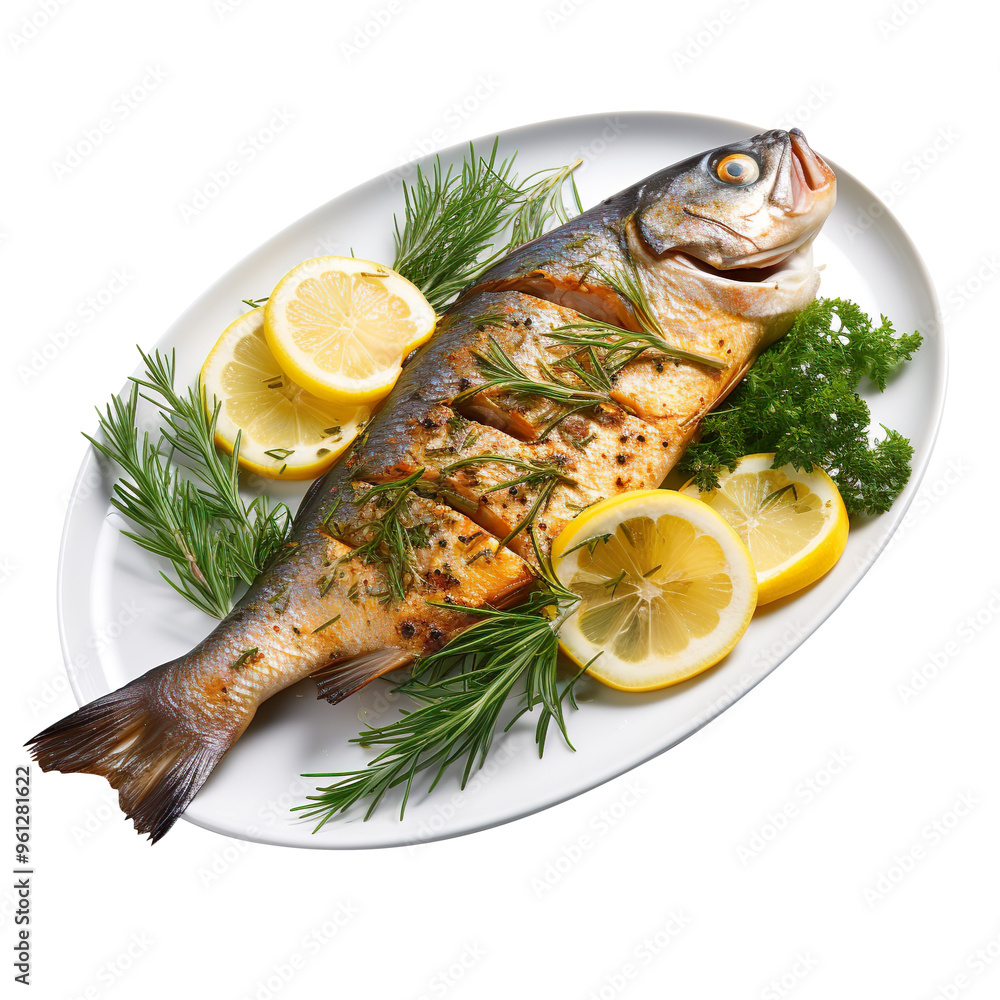 A fried trout with lemon and dill isolated on transparent and white background A fried trout with lemon and dill isolated on transparent and white background
