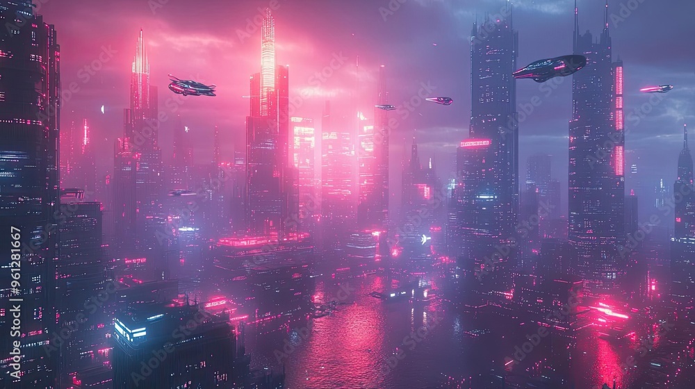 Fototapeta premium A futuristic city skyline at night with neon lights and flying cars, providing a high-tech, sci-fi vibe