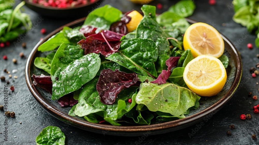 Fresh green salad with mixed leaves and lemon slices, perfect for healthy meals or vibrant food photography.