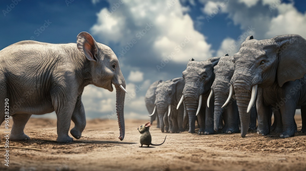 Fototapeta premium Elephant Herd with a Tiny Mouse