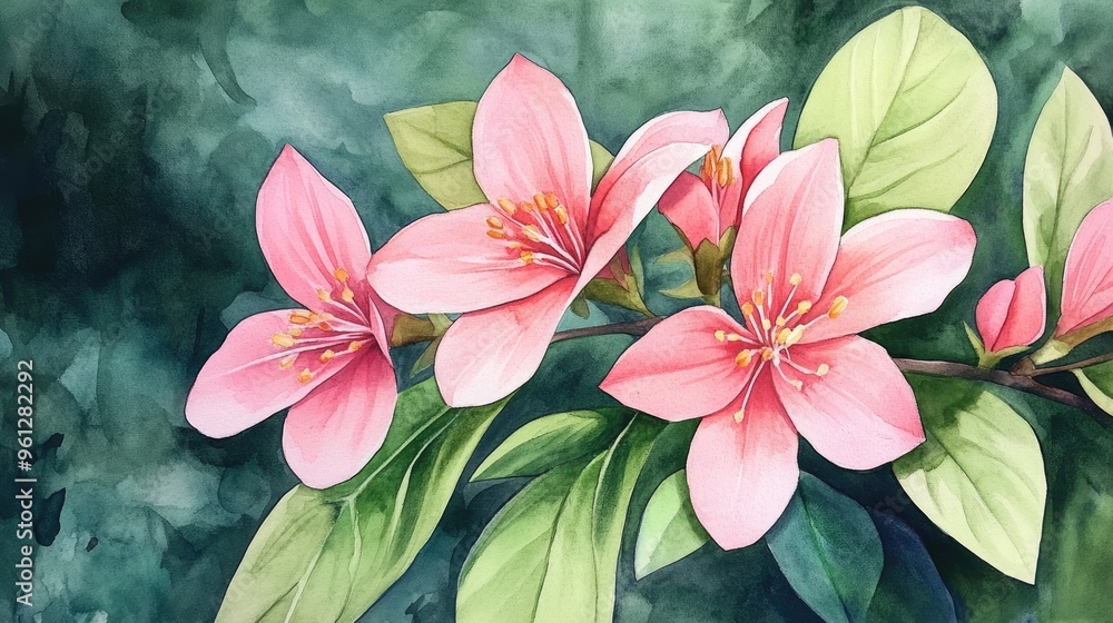 Elegant Watercolor Painting of Pink Blossoms with Lush Green Leaves
