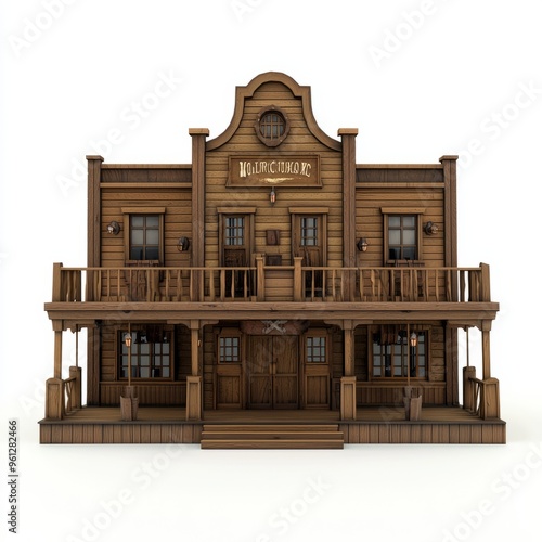 3D Render of a Western saloon with swinging doors and wooden facade, on isolated white background