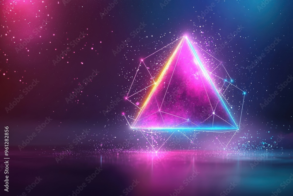 Glowing neon triangle in cosmic space with stars and particles Glowing neon triangle in cosmic space with stars and particles