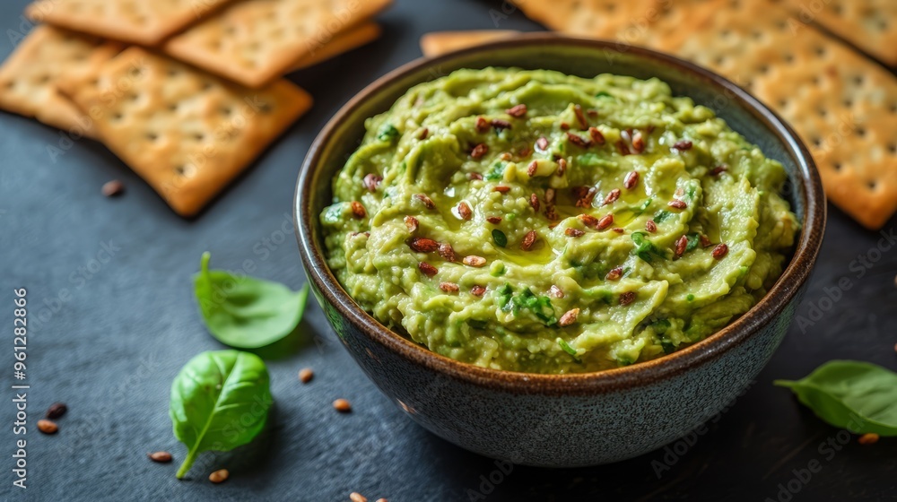 Delicious green dip served in a dark bowl, surrounded by crispy crackers and fresh basil leaves on a textured background. Delicious green dip served in a dark bowl, surrounded by crispy crackers and fresh basil leaves on a textured background.
