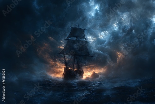 Ship Sailing Through Stormy Sea