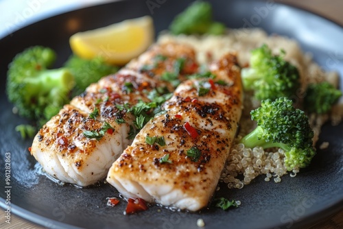 Delicious grilled fish fillet served with fresh broccoli and quinoa, garnished with lemon and herbs for a healthy meal.