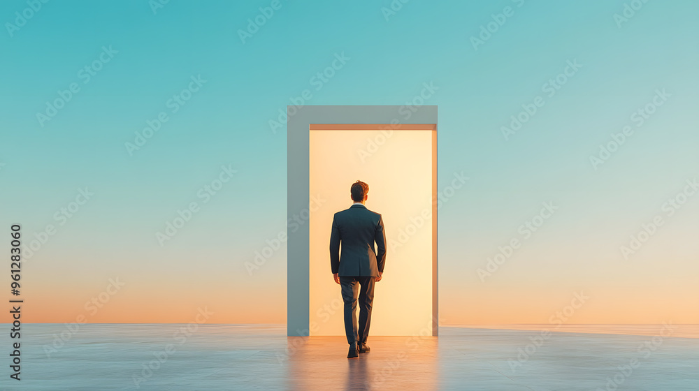 A business person steps confidently into the light through a doorway, with the glow of a fresh start, career transition, and the embrace of new opportunities. The essence of change and optimism. A business person steps confidently into the light through a doorway, with the glow of a fresh start, career transition, and the embrace of new opportunities. The essence of change and optimism.