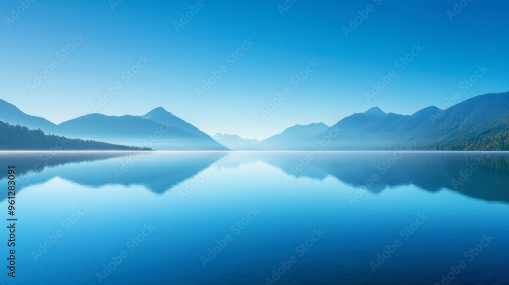 A clear blue sky over a tranquil lake, with distant mountains reflecting perfectly on the calm water. A clear blue sky over a tranquil lake, with distant mountains reflecting perfectly on the calm water.
