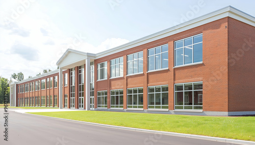 Modern School Building with Large Windows and Red Brick Exterior