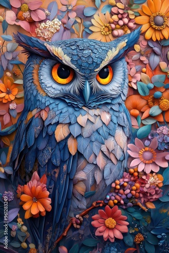 Vibrant Blue Owl Surrounded by Colorful Flowers in a Detailed Artistic Illustration