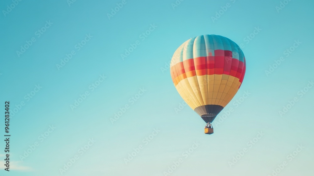 A clear blue sky with a colorful hot air balloon floating peacefully, capturing the essence of adventure. A clear blue sky with a colorful hot air balloon floating peacefully, capturing the essence of adventure.