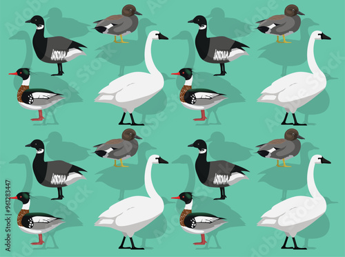 Bird Swan Duck Goose Merganser Cartoon Cute Seamless Wallpaper Background