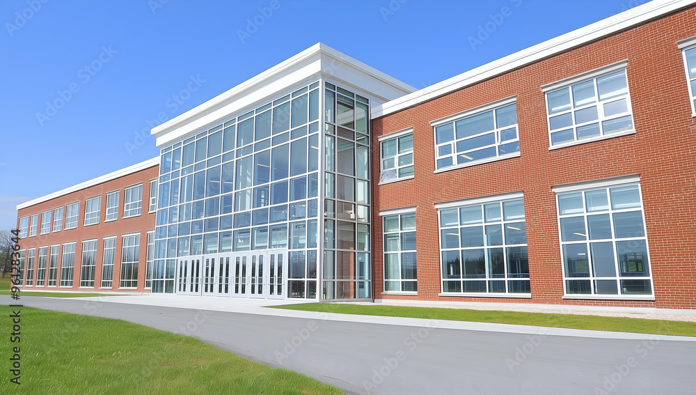 Modern School Building with Large Windows and Red Brick Exterior Modern School Building with Large Windows and Red Brick Exterior