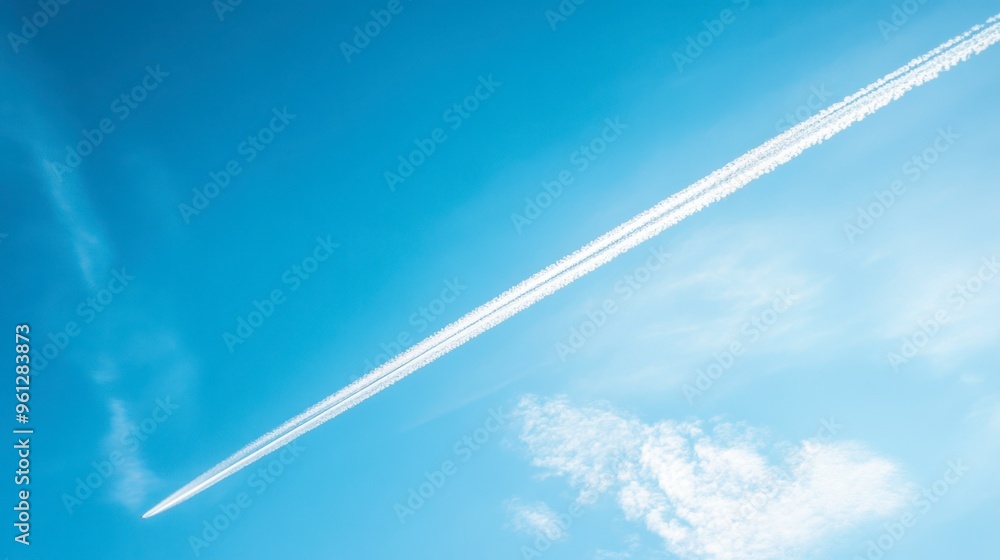 A clear blue sky with a jet plane leaving a white contrail, illustrating the vastness and openness of the atmosphere. A clear blue sky with a jet plane leaving a white contrail, illustrating the vastness and openness of the atmosphere.