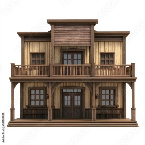 3D Render of a Western saloon with swinging doors and wooden facade, on isolated white background