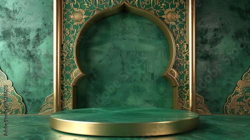 3d modern islamic podium in green background, mosque, gold. banner for islamic banner festivity like eid al adha, fitr, ramadan