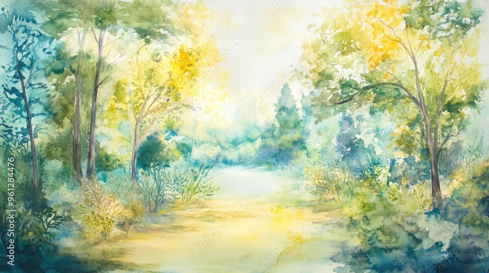 Tranquil Landscape Watercolor: A Serene Path Through Lush Green Forests Tranquil Landscape Watercolor: A Serene Path Through Lush Green Forests