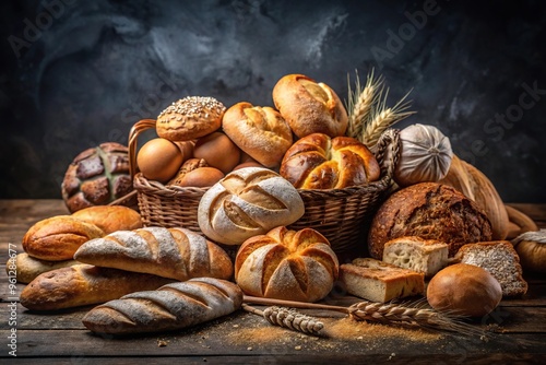 Assortment of baked bread and bread rolls on rustic black bakery table background Close-Up photo