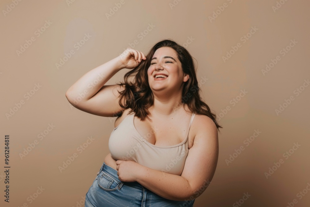 Confident plus size woman joyfully posing in casual beige lingerie and jeans in a warm studio setting Confident plus size woman joyfully posing in casual beige lingerie and jeans in a warm studio setting