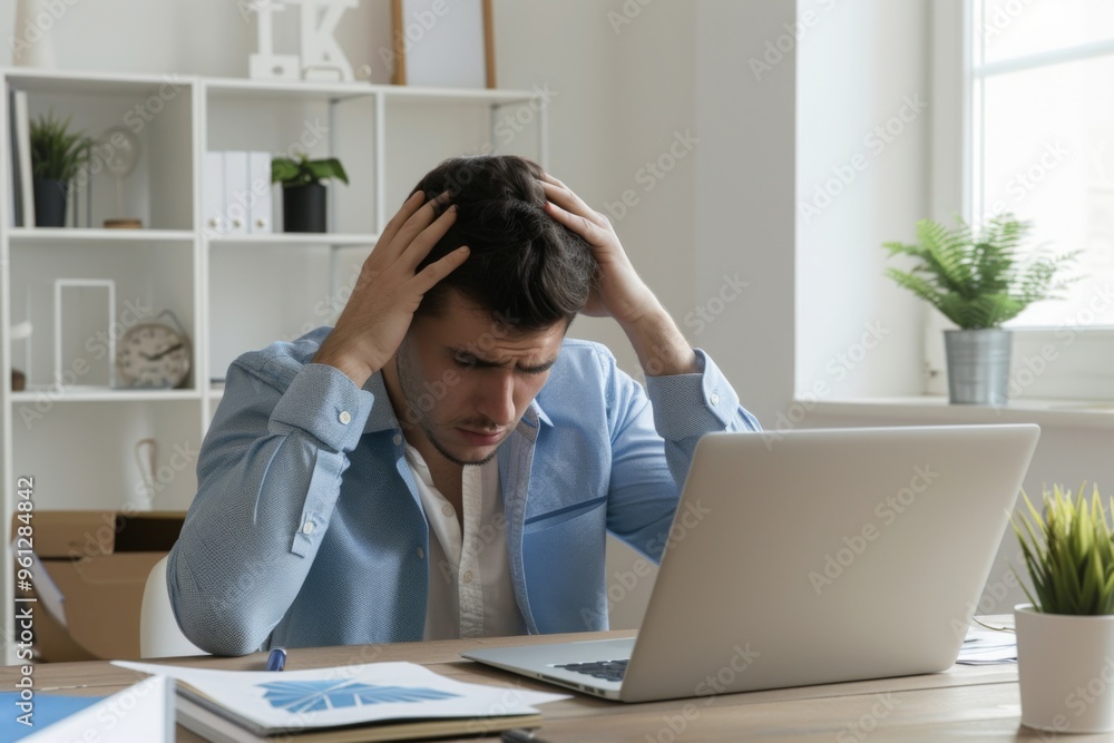 Stressed male office worker grappling with overwhelming tasks, feeling the weight of frustration while seated at his desk mid-afternoon Stressed male office worker grappling with overwhelming tasks, feeling the weight of frustration while seated at his desk mid-afternoon