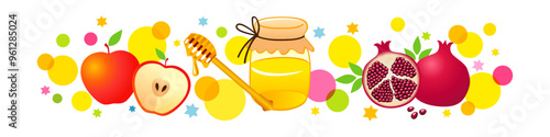 Horizontal colorful banner with fruits and jar of honey. Jewish New Year holiday clip art. Flat and 3D elements. Line background, sample blank. Happy and sweet new year Israel creative congrats.