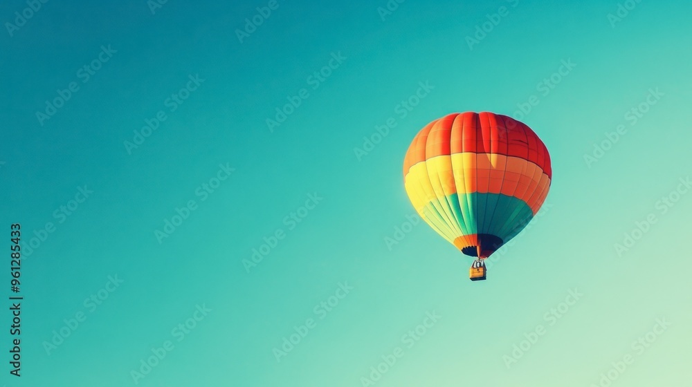 Naklejka premium A clear blue sky with a colorful hot air balloon floating peacefully, capturing the essence of adventure.