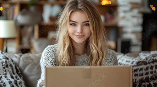 A smiling woman opening a cardboard box at home.