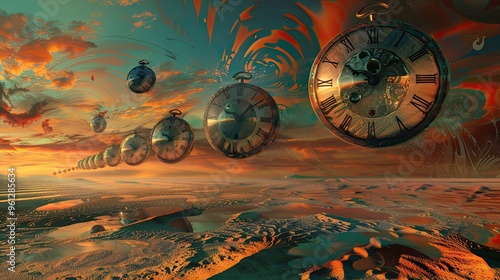 Abstract wallpaper with floating distorted clocks and fluid sand under sunset sky photo