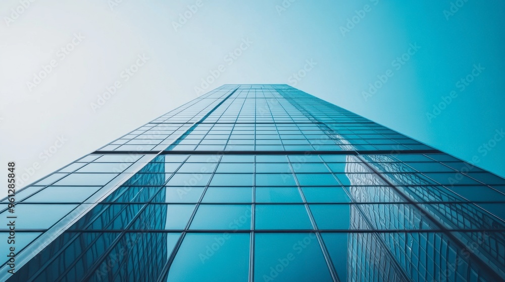 A clear sky above a modern skyscraper, highlighting the architectural design against the bright blue backdrop. A clear sky above a modern skyscraper, highlighting the architectural design against the bright blue backdrop.
