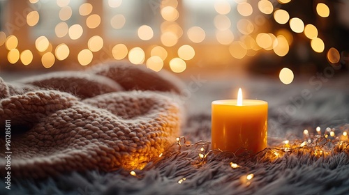 A soft bokeh effect background with warm golden lights, creating a cozy and festive atmosphere