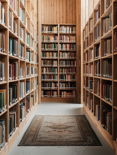 A serene library interior with wooden shelves filled with books, creating a cozy and inviting reading atmosphere.