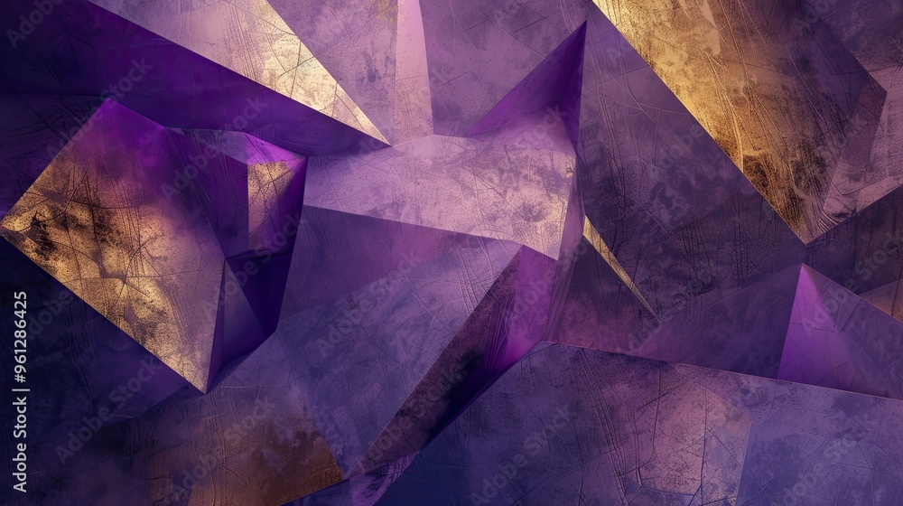Geometric shapes in purple and gold with intricate textures and soft glowing light Geometric shapes in purple and gold with intricate textures and soft glowing light