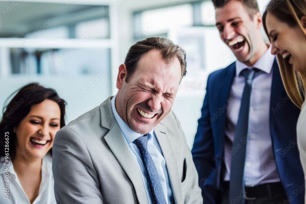 A businessman grapples with sadness while colleagues share joyous laughter in a bustling office environment A businessman grapples with sadness while colleagues share joyous laughter in a bustling office environment