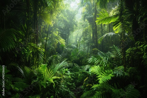 Vibrant rainforest jungle with dense vegetation and diverse flora.