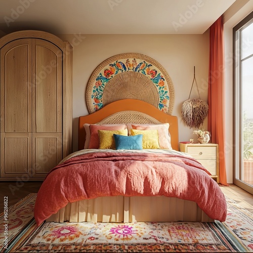 boho chic bedroom with dresser in the right of the bed and commode in the left with big window in the right photo