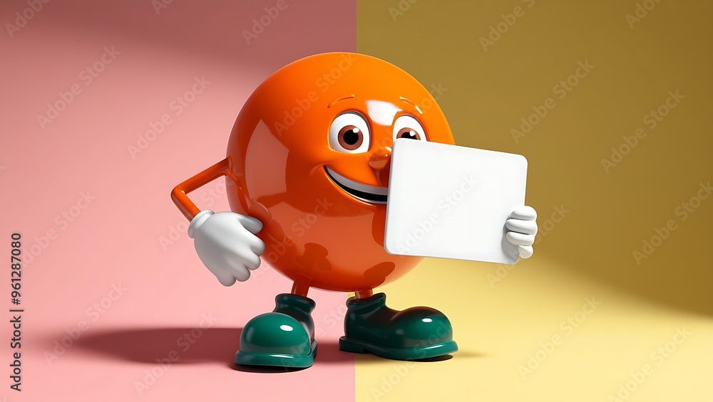 3D animated orange character with a sharp, bright, glossy surface, wearing green shoes and white gloves, holding a blank sign. 3D animated orange character with a sharp, bright, glossy surface, wearing green shoes and white gloves, holding a blank sign.