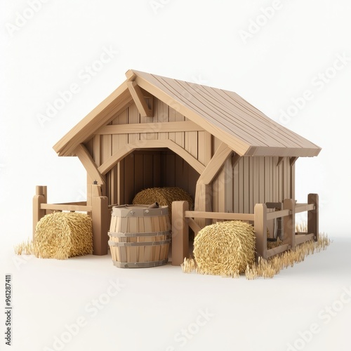3D Render of a Western stable with hay bales and a horse trough, on isolated white background