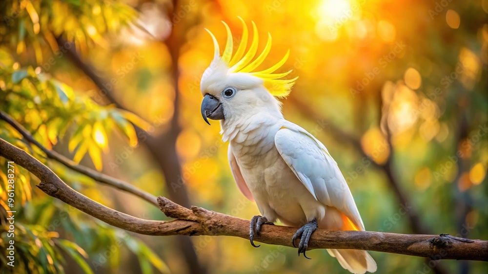 Vibrant sulfur-crested cockatoo perched on a branch, white feathers glistening in sunlight, bright orange crest and beak adding a pop of color to the scene. Vibrant sulfur-crested cockatoo perched on a branch, white feathers glistening in sunlight, bright orange crest and beak adding a pop of color to the scene.