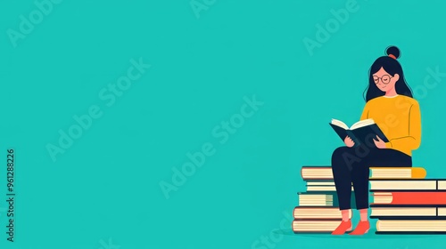 A woman reading a book while sitting on a stack of books against a vibrant background, representing knowledge and relaxation.
