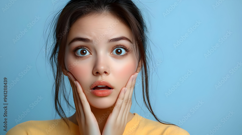 A surprised young woman with wide eyes and hands on her face. A surprised young woman with wide eyes and hands on her face.