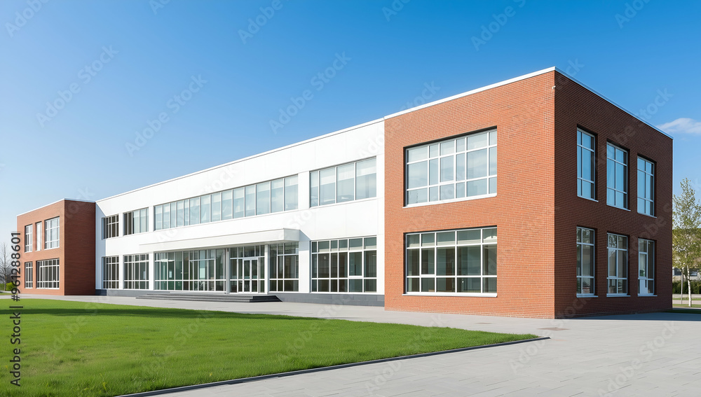 Modern School Building with Large Windows and Red Brick Exterior Modern School Building with Large Windows and Red Brick Exterior