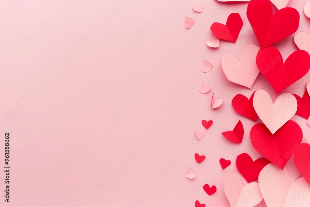 Charming red hearts create a romantic atmosphere on a pastel pink table for special occasions like Valentine's Day and anniversaries Charming red hearts create a romantic atmosphere on a pastel pink table for special occasions like Valentine's Day and anniversaries