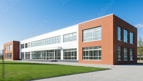 Modern School Building with Large Windows and Red Brick Exterior