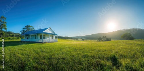 Fototapeta Naklejka Na Ścianę i Meble -  White Cottage in a Green Meadow