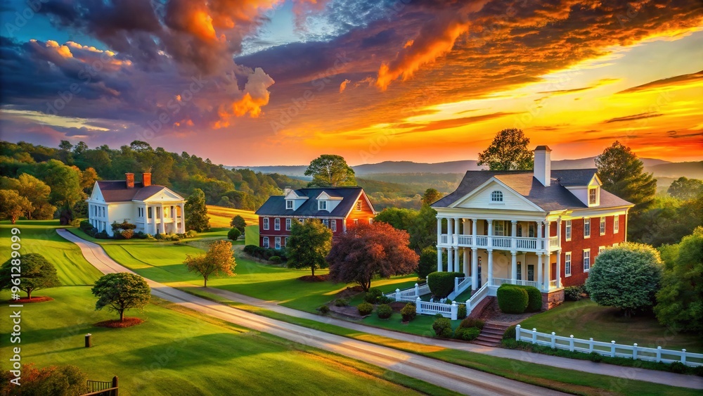 Vibrant sunset illuminates rolling hills, sleepy towns, and majestic antebellum architecture, capturing the charm and beauty of the Southeastern United States' rural landscape. Vibrant sunset illuminates rolling hills, sleepy towns, and majestic antebellum architecture, capturing the charm and beauty of the Southeastern United States' rural landscape.
