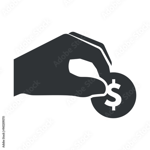 Hand placing coin with dollar sign for donation gesture representing charity and generosity in a simple graphic design