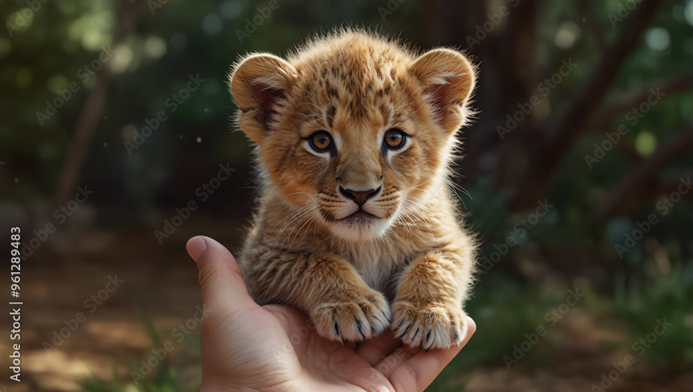 Obraz premium A gentle portrayal of a tiny lion cub